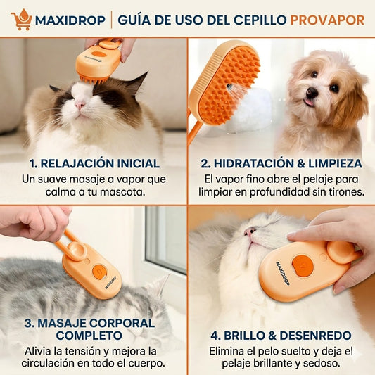 Cepillo ProVapor 3-en-1: Limpieza, Masaje y Brillo para tu Mascota
